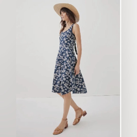 NWT Pact Size XL Organic Cotton French Navy Floral Tie Back Dress W Pockets - Picture 2 of 6